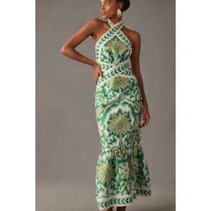 Lace The Label Dress Green Yellow Floral Open Back Halter Cutout Maxi NWT Size M